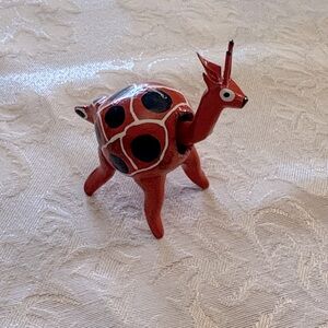 (1) Handmade Mexican Wooden Bobblehead orange giraffe with black dots